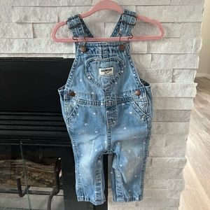 OshKosh B’Gosh. Light blue denim jean overalls with pink hearts. 6 months